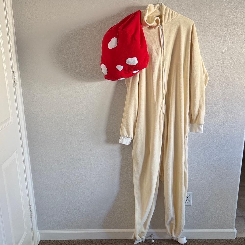Hysterical Mushroom Cream Onesie with Red Mushroom Hood Topper Mens XL